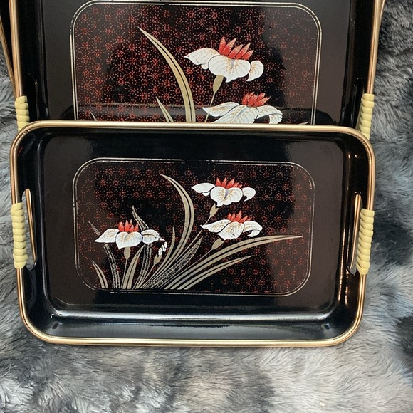 Set 3 Vintage Japanese Shiny Black Lacquer Ware Nesting Trays Gold white & Red - Picture 9 of 16
